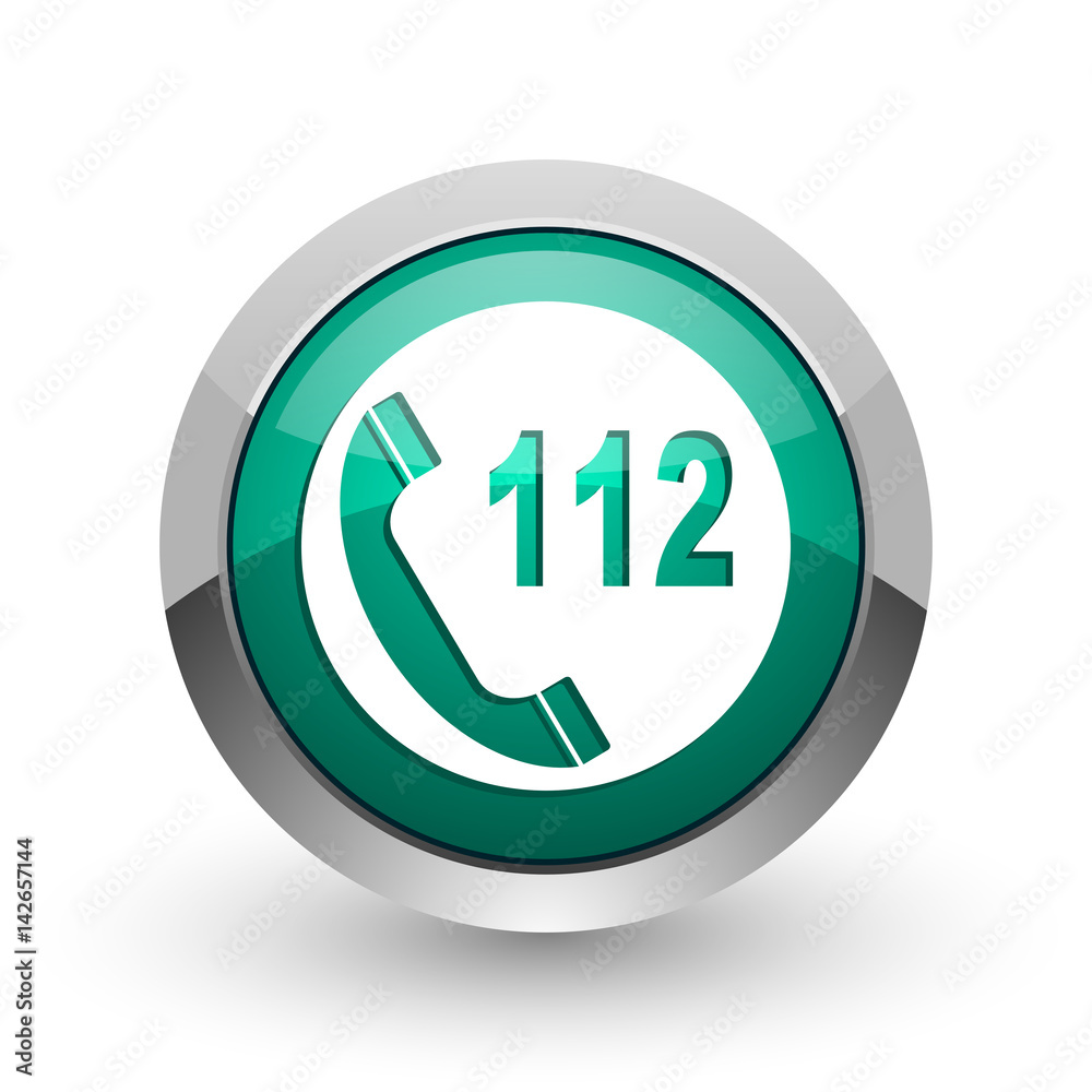 Poster Emergency call silver metallic chrome web design green round internet icon with shadow on white background.
