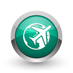 Travel silver metallic chrome web design green round internet icon with shadow on white background.