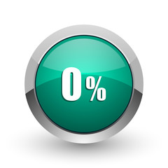 0 percent silver metallic chrome web design green round internet icon with shadow on white background.