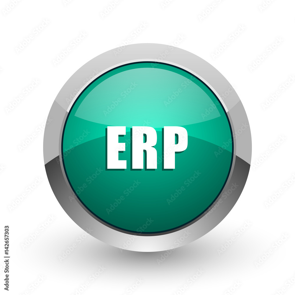 Aufkleber Erp silver metallic chrome web design green round internet icon with shadow on white background.