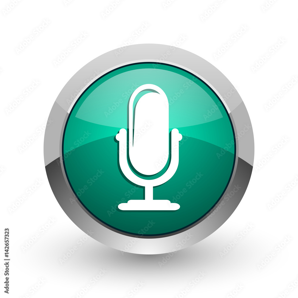 Aufkleber Microphone silver metallic chrome web design green round internet icon with shadow on white background.