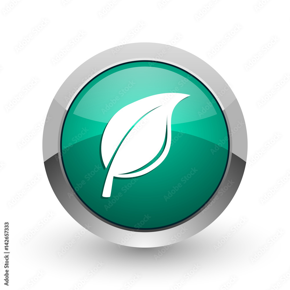 Poster nature silver metallic chrome web design green round internet icon with shadow on white background.