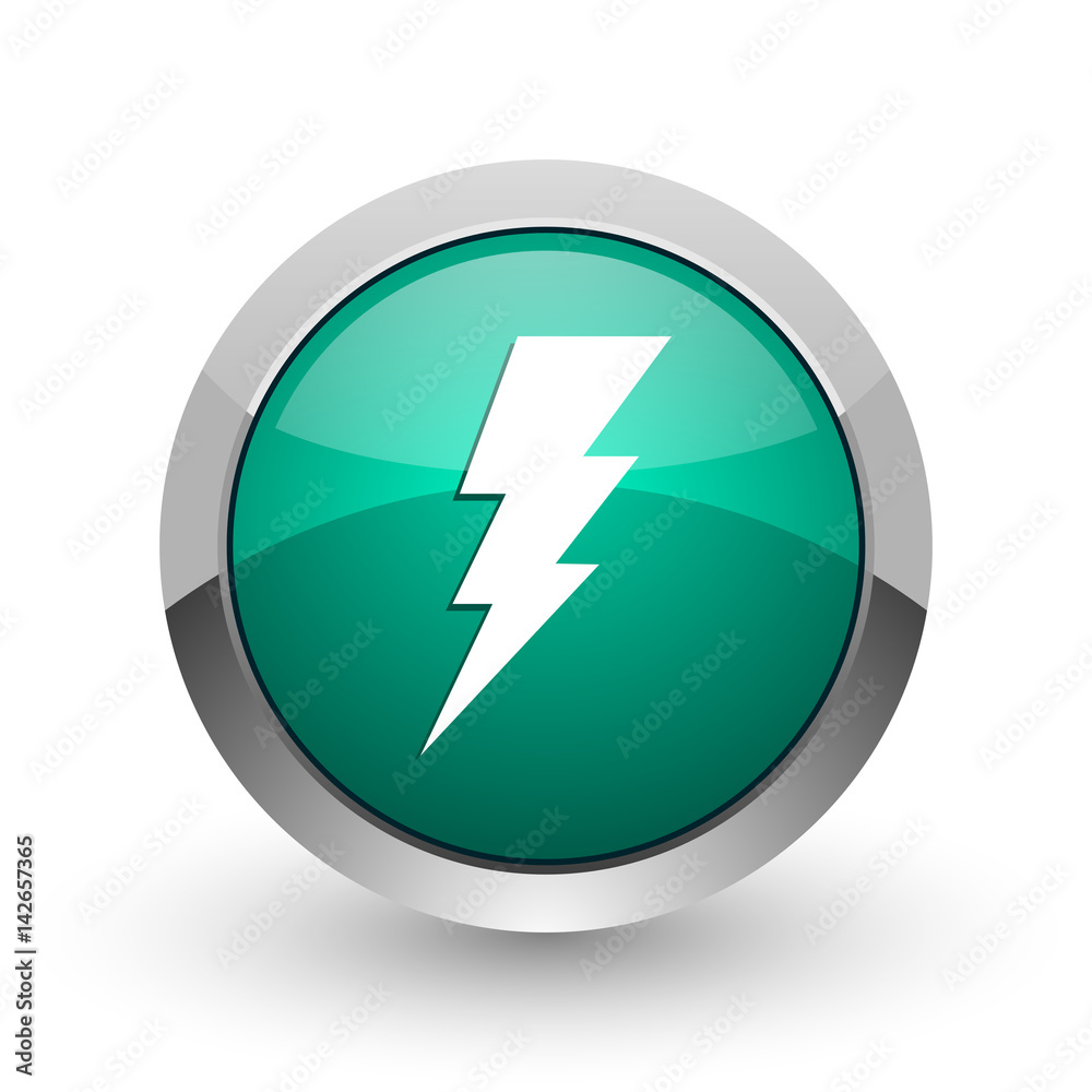 Poster bolt silver metallic chrome web design green round internet icon with shadow on white background.