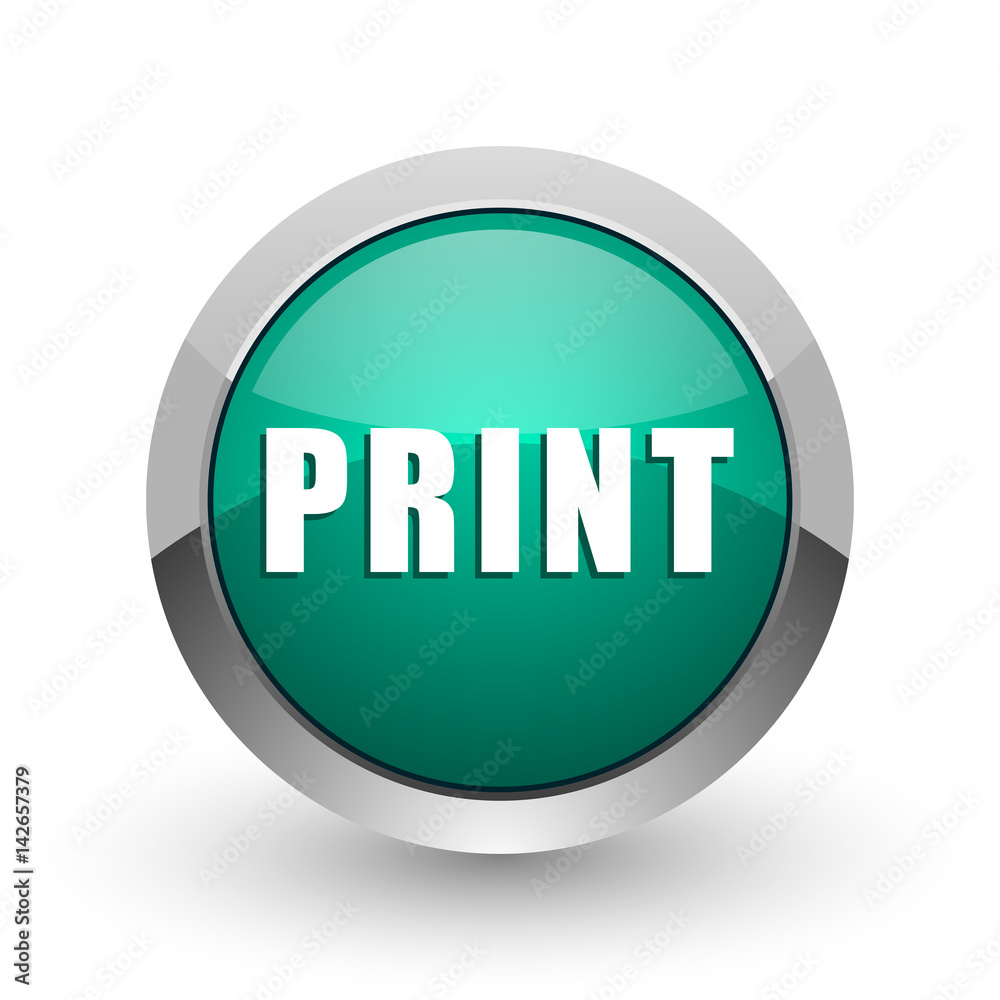 Poster Print silver metallic chrome web design green round internet icon with shadow on white background.