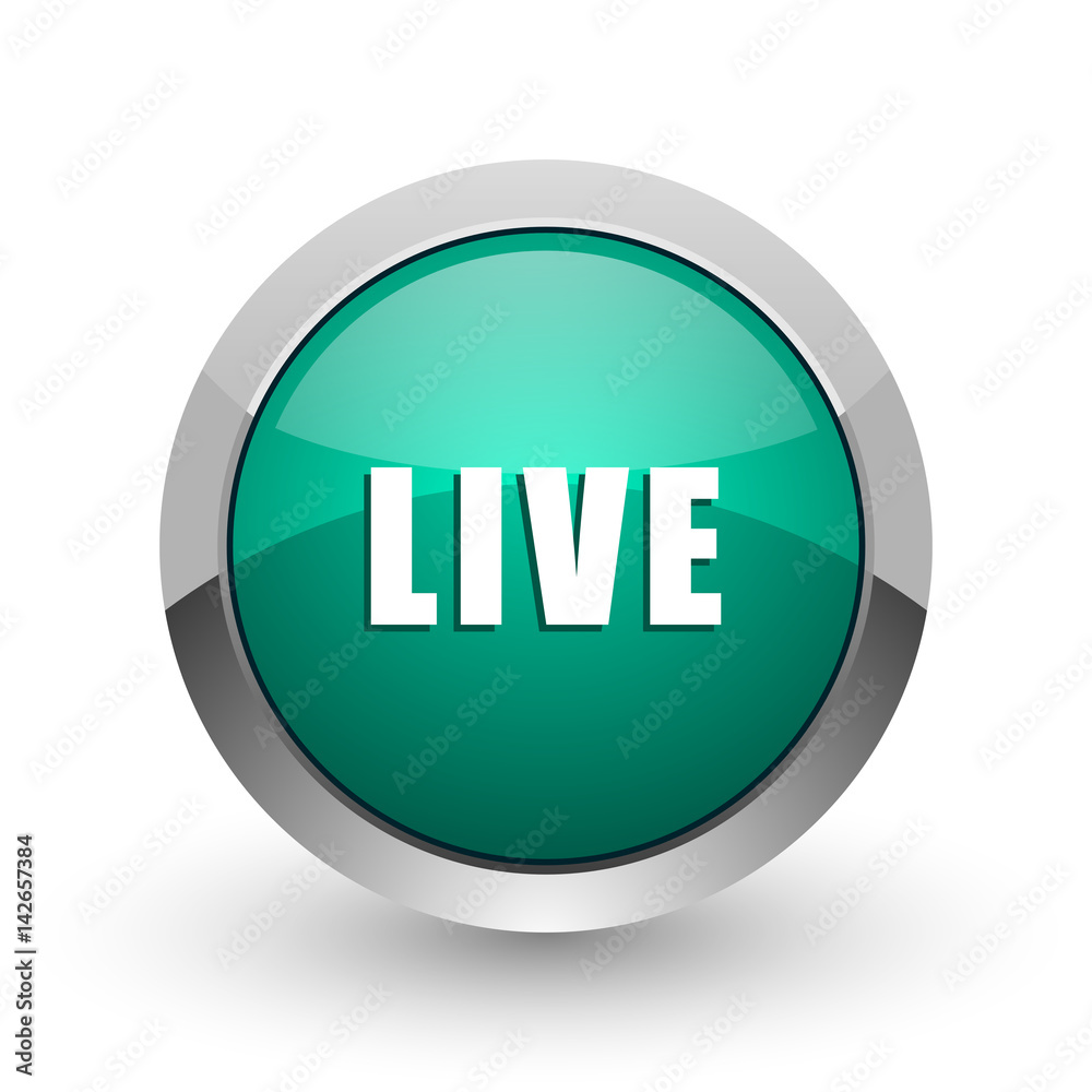 Poster live silver metallic chrome web design green round internet icon with shadow on white background.