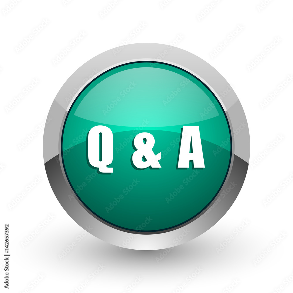 Poster question answer silver metallic chrome web design green round internet icon with shadow on white bac