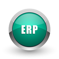 Erp silver metallic chrome web design green round internet icon with shadow on white background.