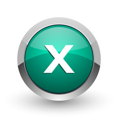 Obraz premium Cancel silver metallic chrome web design green round internet icon with shadow on white background.