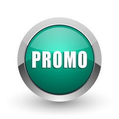 Promo silver metallic chrome web design green round internet icon with shadow on white background.
