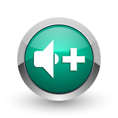 Fototapeta premium Speaker volume silver metallic chrome web design green round internet icon with shadow on white background.