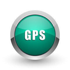 Gps silver metallic chrome web design green round internet icon with shadow on white background.