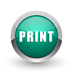 Print silver metallic chrome web design green round internet icon with shadow on white background.