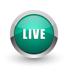 Live silver metallic chrome web design green round internet icon with shadow on white background.