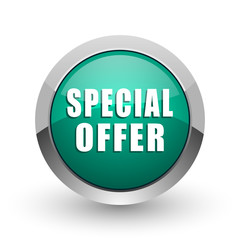 Special offer silver metallic chrome web design green round internet icon with shadow on white background.