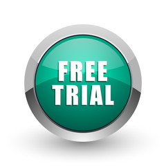 Free trial silver metallic chrome web design green round internet icon with shadow on white background.