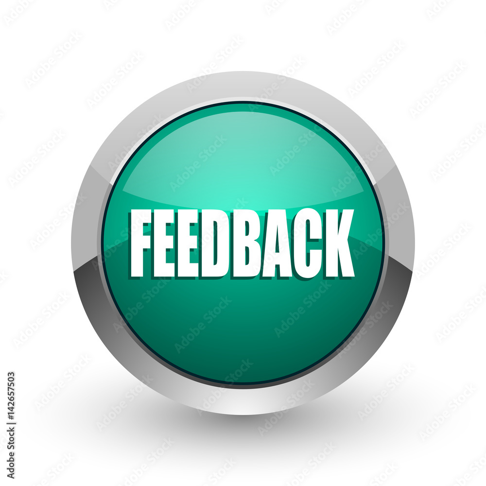 Aufkleber feedback silver metallic chrome web design green round internet icon with shadow on white background