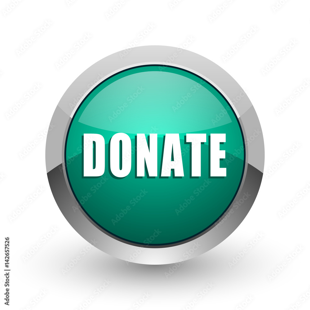 Poster donate silver metallic chrome web design green round internet icon with shadow on white background.