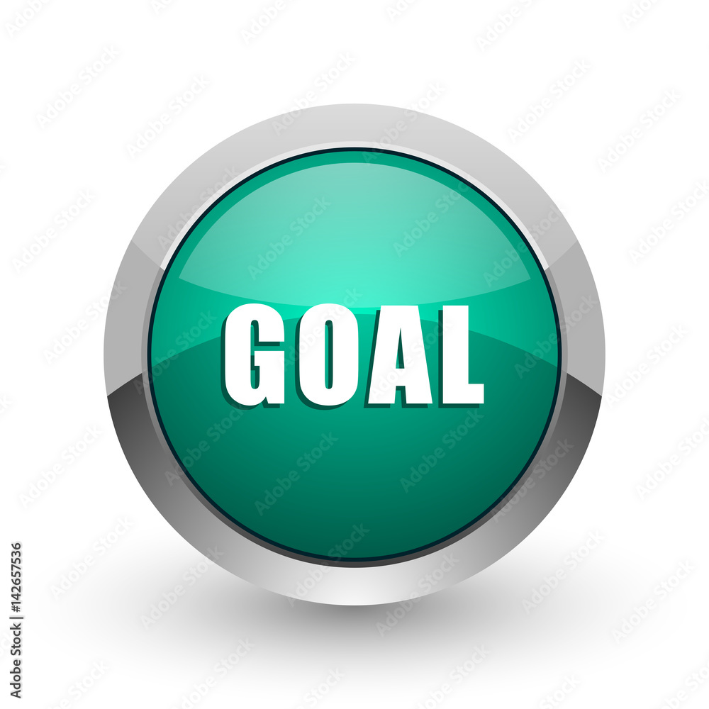 Poster goal silver metallic chrome web design green round internet icon with shadow on white background.