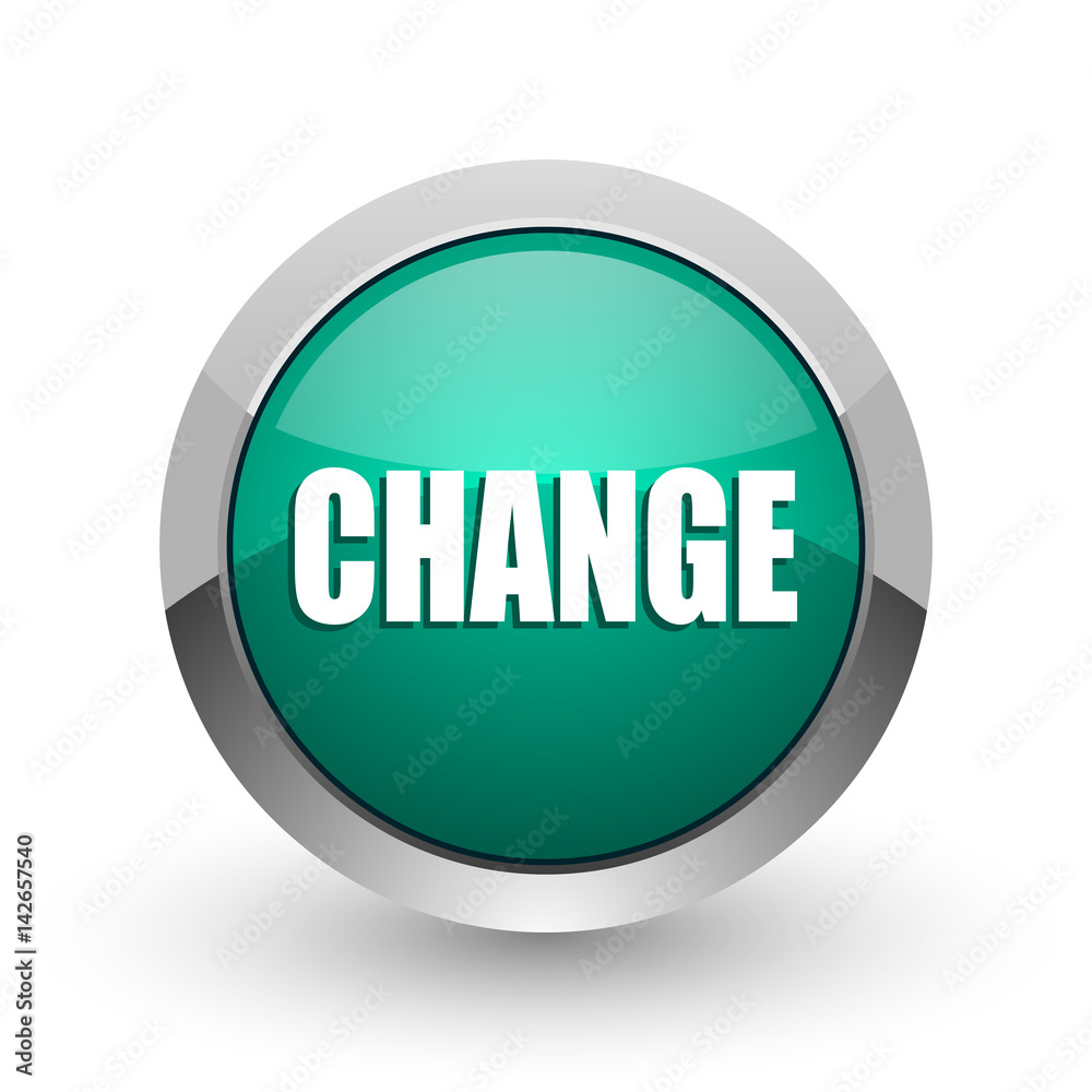 Aufkleber change silver metallic chrome web design green round internet icon with shadow on white background.