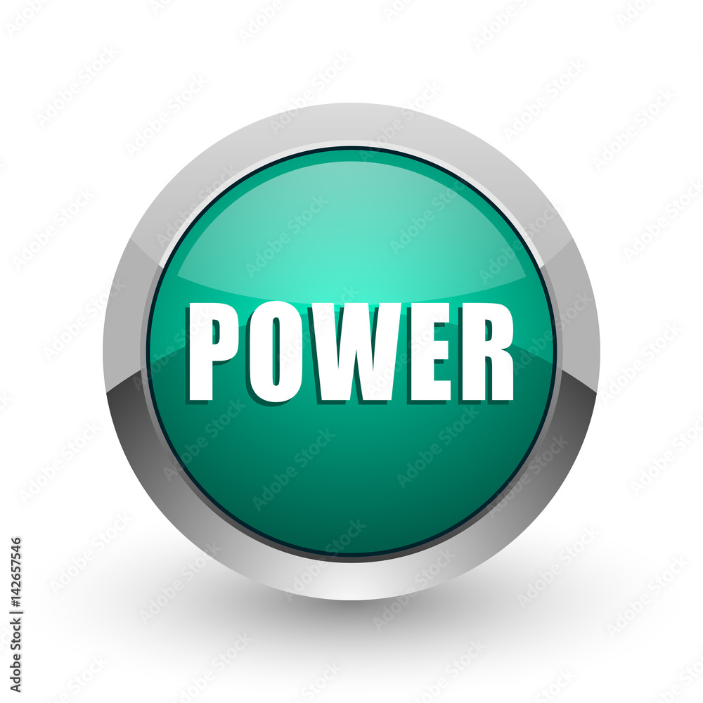Poster Power silver metallic chrome web design green round internet icon with shadow on white background.
