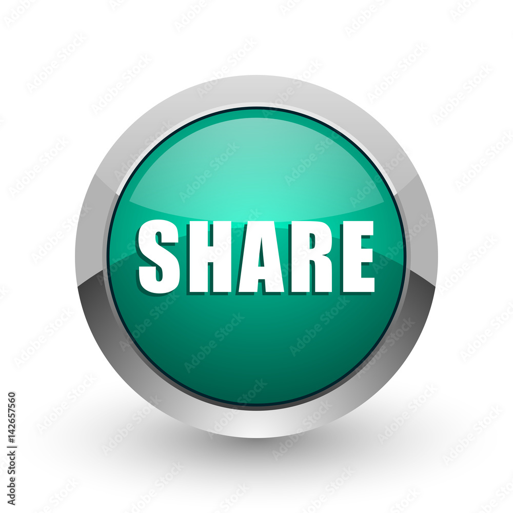 Poster share silver metallic chrome web design green round internet icon with shadow on white background.