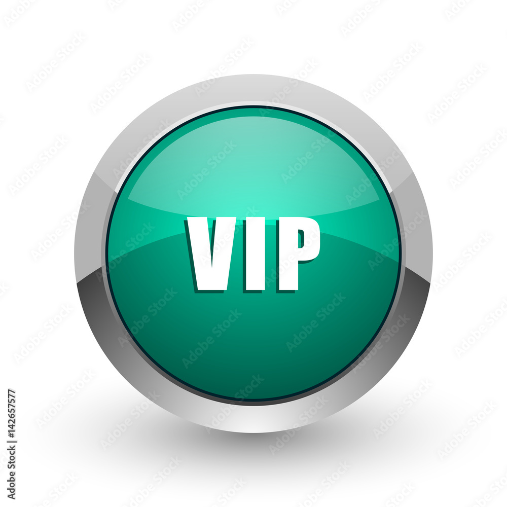 Poster vip silver metallic chrome web design green round internet icon with shadow on white background.