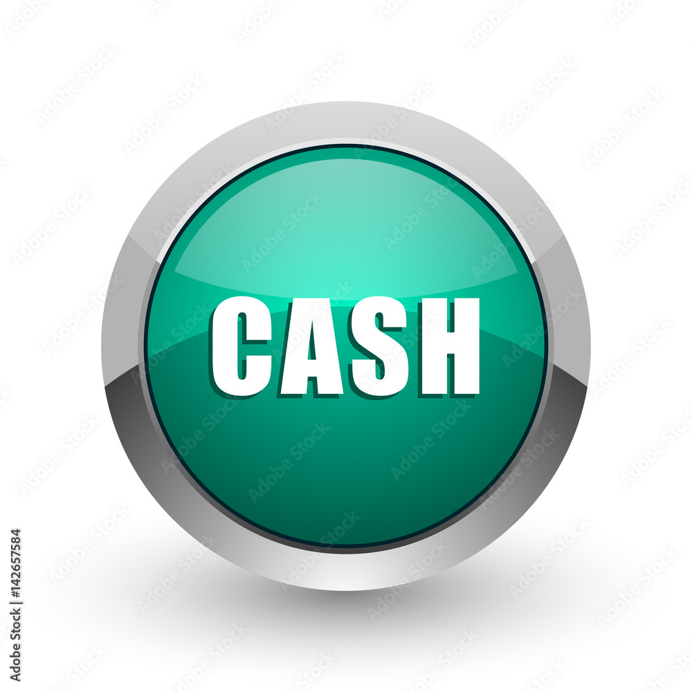Poster cash silver metallic chrome web design green round internet icon with shadow on white background.