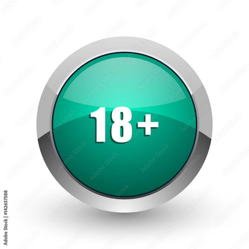 Poster adults silver metallic chrome web design green round internet icon with shadow on white background.