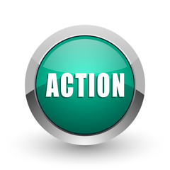 Action silver metallic chrome web design green round internet icon with shadow on white background.