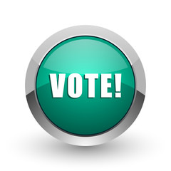 Vote silver metallic chrome web design green round internet icon with shadow on white background.