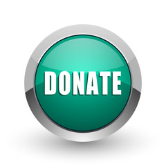 Donate silver metallic chrome web design green round internet icon with shadow on white background.