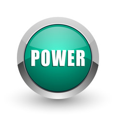 Power silver metallic chrome web design green round internet icon with shadow on white background.