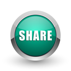 Share silver metallic chrome web design green round internet icon with shadow on white background.