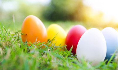 Easter eggs on green grass. Spring holidays concept