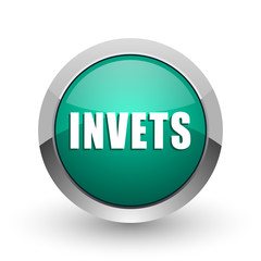 Invest silver metallic chrome web design green round internet icon with shadow on white background.