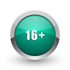 Adults silver metallic chrome web design green round internet icon with shadow on white background.