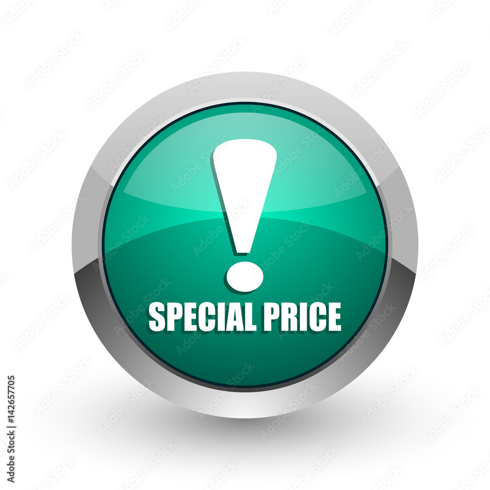 Poster special price silver metallic chrome web design green round internet icon with shadow on white backg