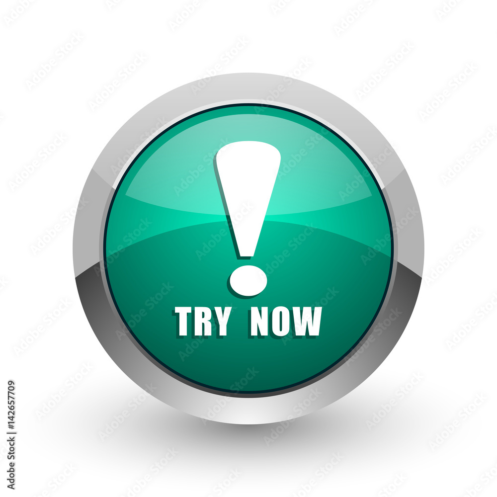 Aufkleber try now silver metallic chrome web design green round internet icon with shadow on white background.