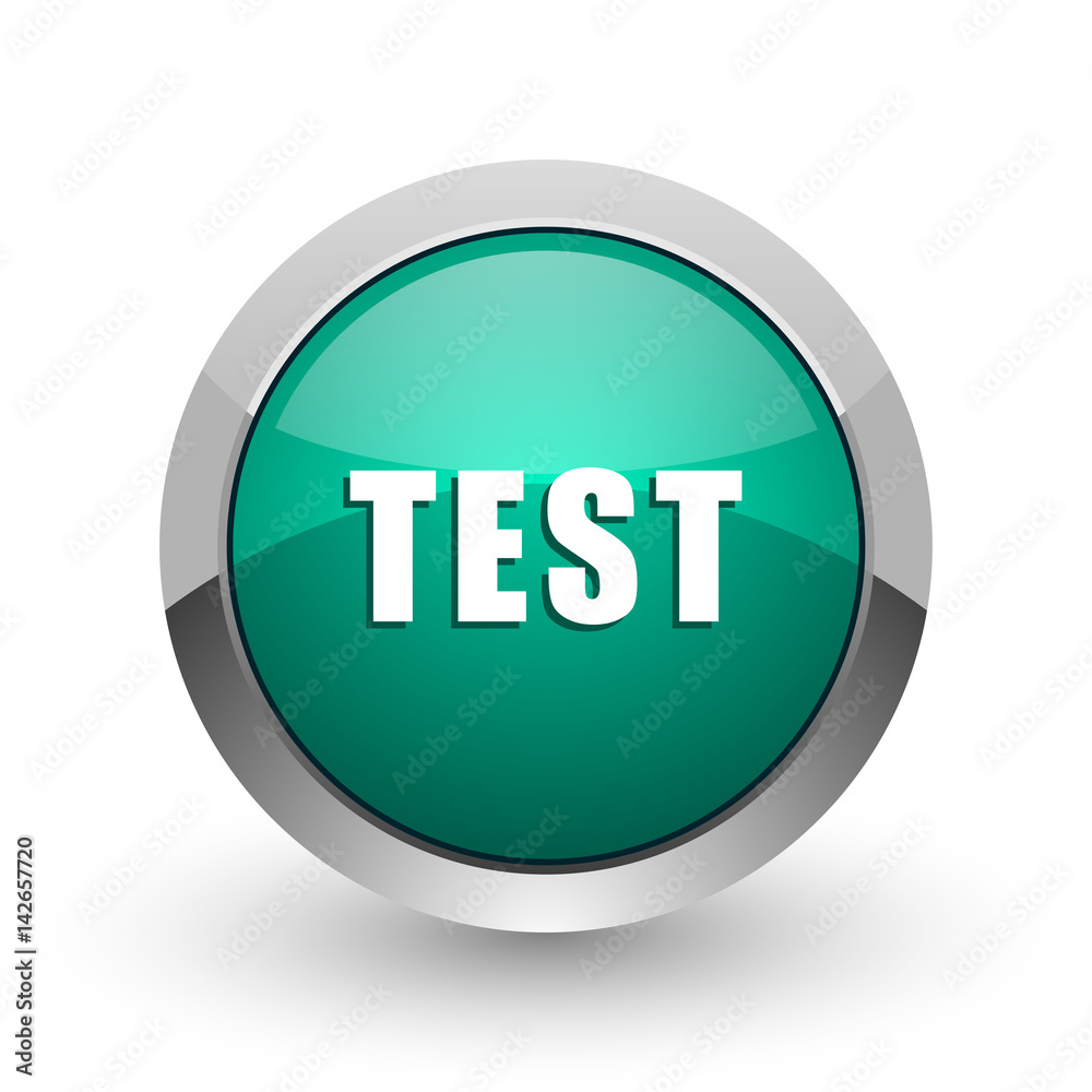 Aufkleber test silver metallic chrome web design green round internet icon with shadow on white background.