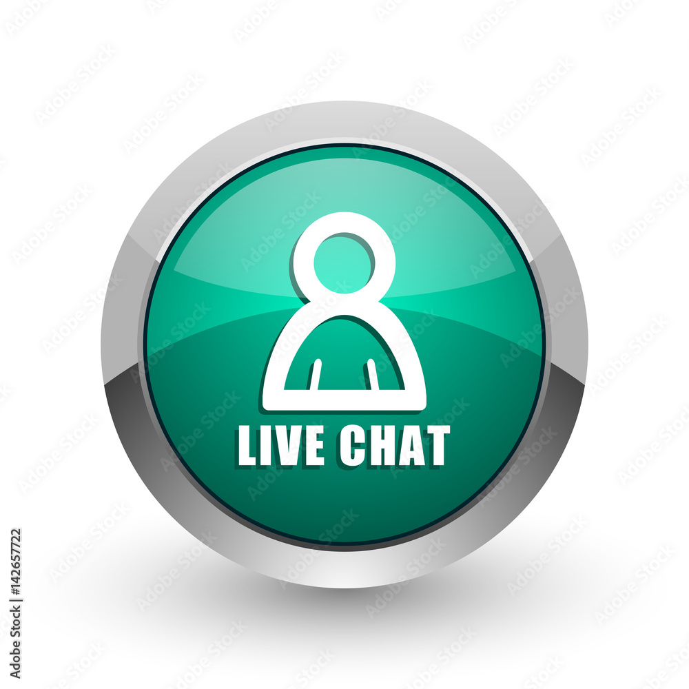 Aufkleber live chat silver metallic chrome web design green round internet icon with shadow on white backgroun