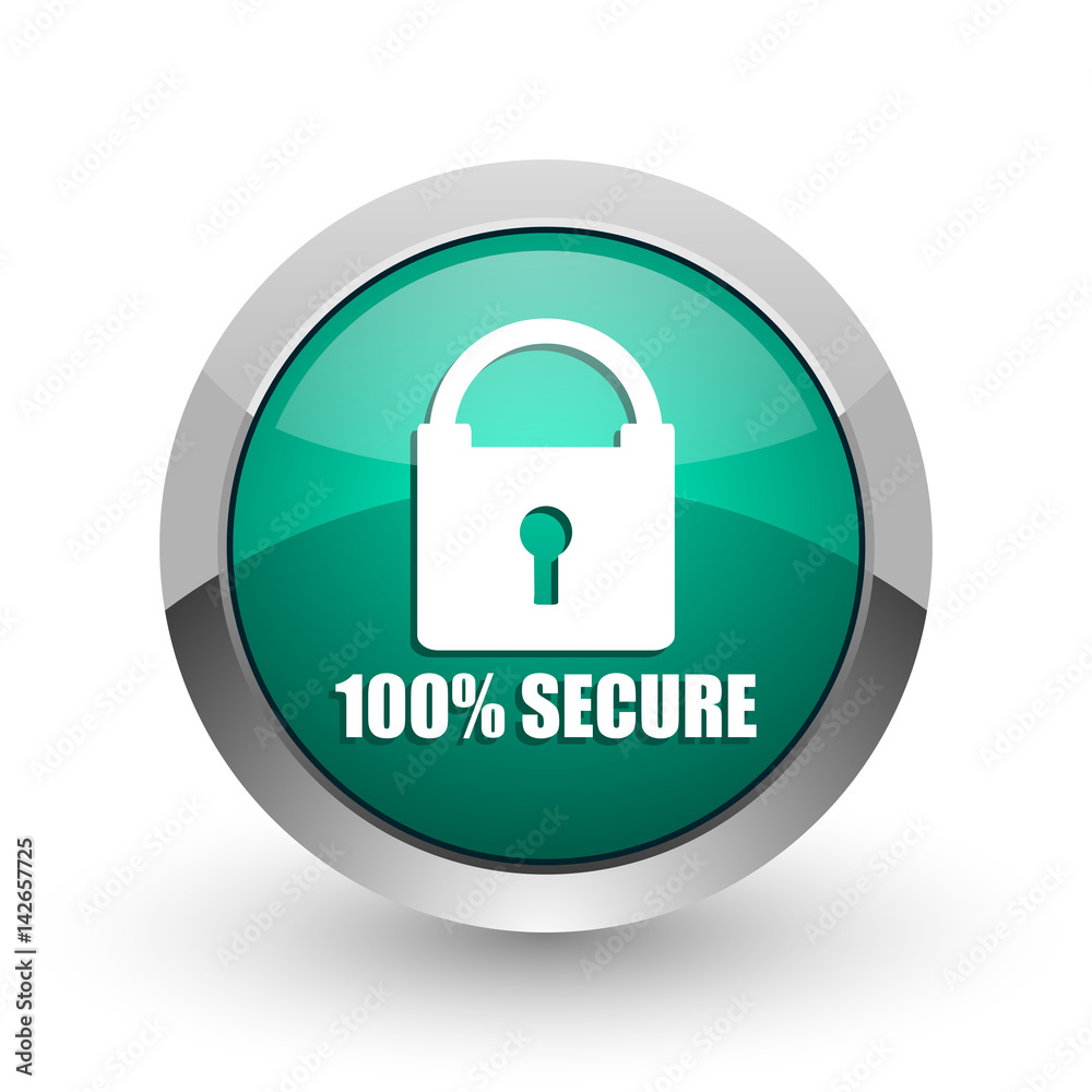 Aufkleber Secure silver metallic chrome web design green round internet icon with shadow on white background.