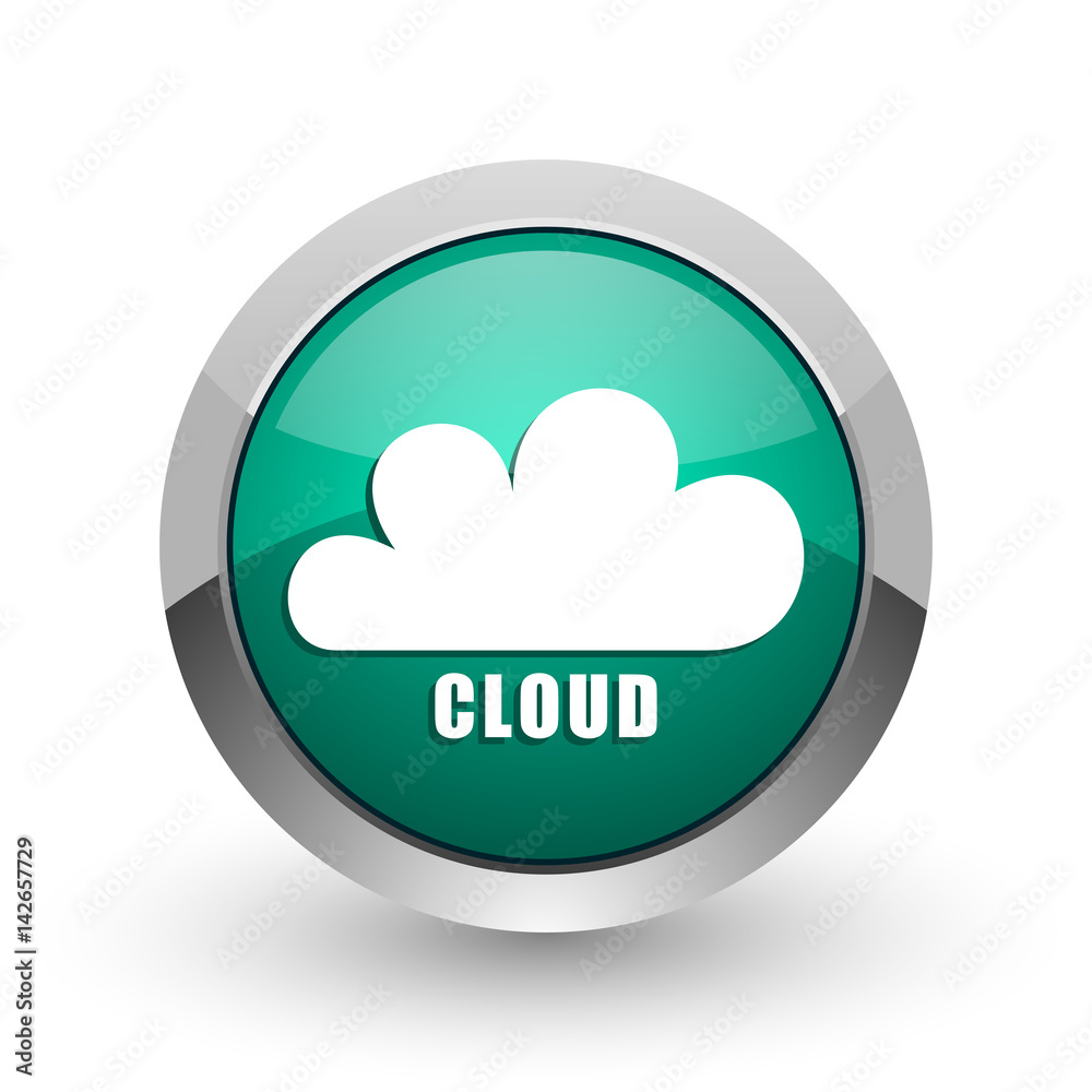 Poster cloud silver metallic chrome web design green round internet icon with shadow on white background.