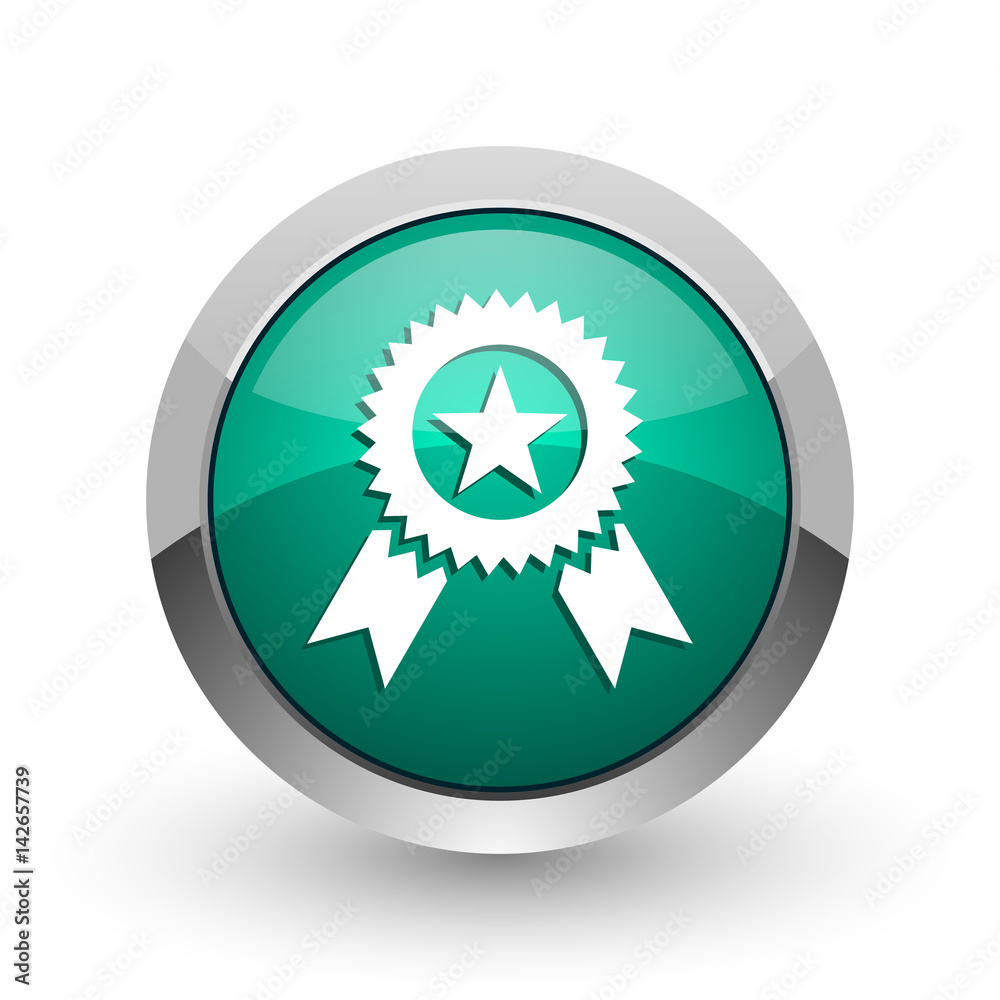 Aufkleber award silver metallic chrome web design green round internet icon with shadow on white background.