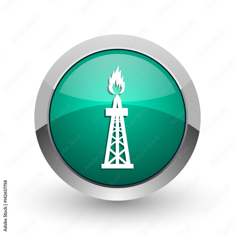 Poster gas silver metallic chrome web design green round internet icon with shadow on white background.