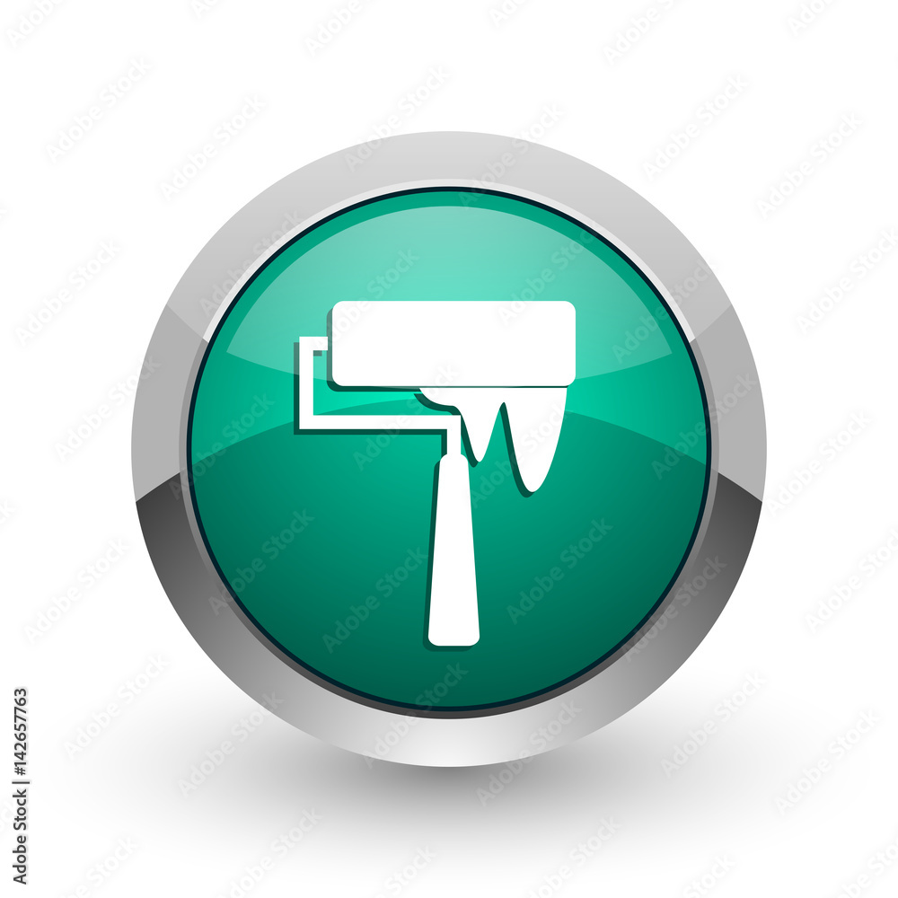 Poster brush silver metallic chrome web design green round internet icon with shadow on white background.