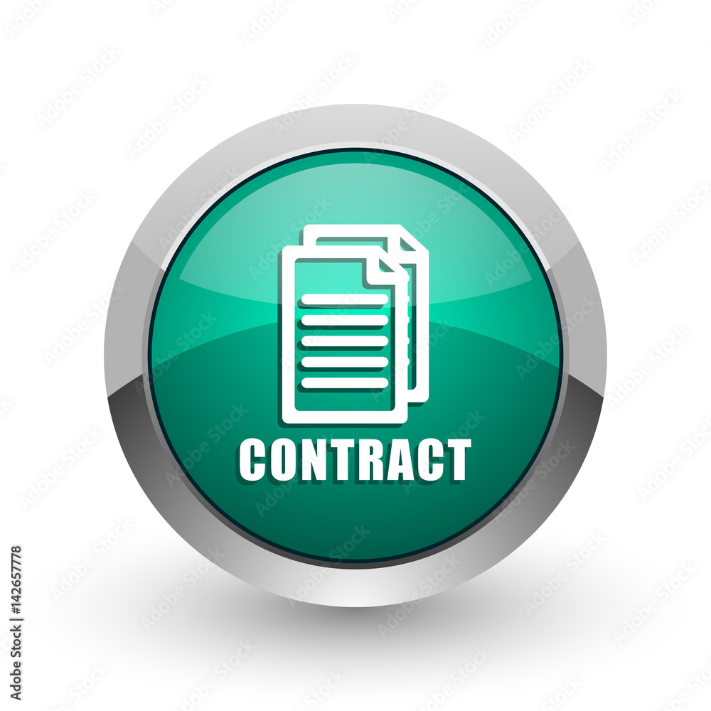 Aufkleber Contract silver metallic chrome web design green round internet icon with shadow on white background.