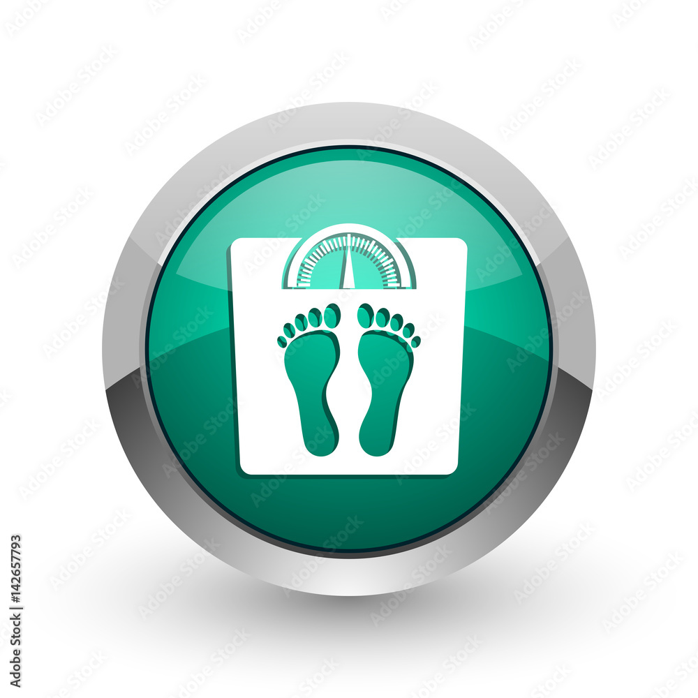 Aufkleber weight silver metallic chrome web design green round internet icon with shadow on white background.