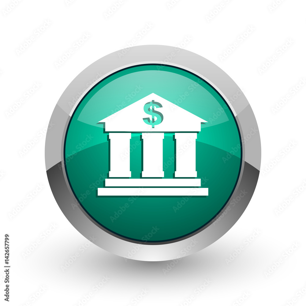Poster bank silver metallic chrome web design green round internet icon with shadow on white background.
