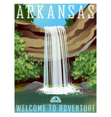 Arkansas travel poster or sticker. Vector illustration of beautiful waterfall over rocky ledge