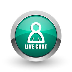 Live chat silver metallic chrome web design green round internet icon with shadow on white background.